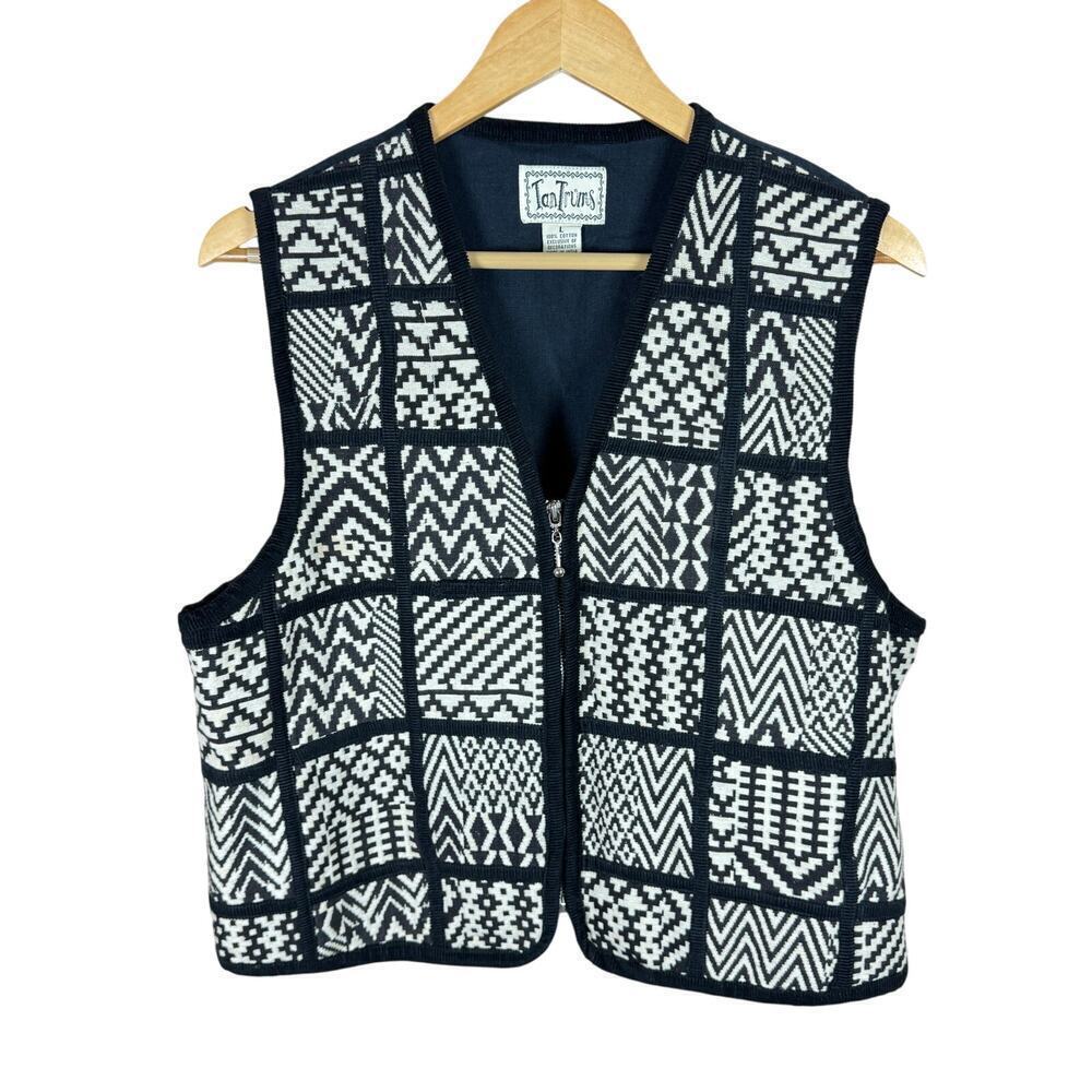 Women’s VTG Vest 90s Corduroy Trim Black Zip Up Cottage Ruffle TanTrums Large